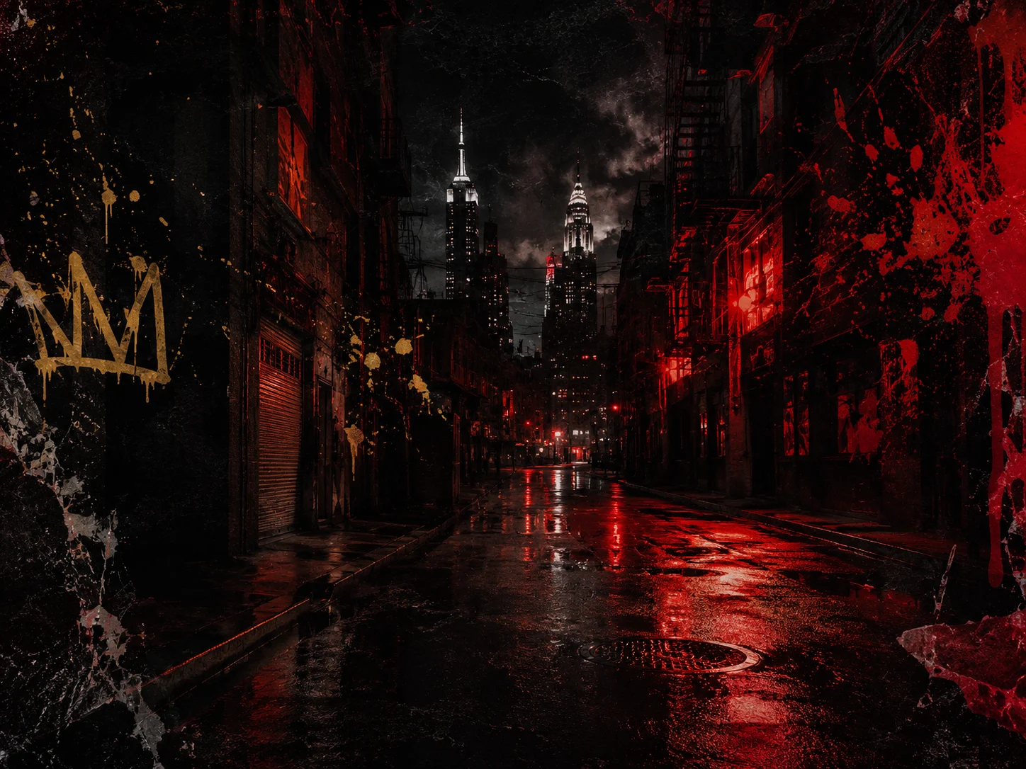 Dark red neon city alley